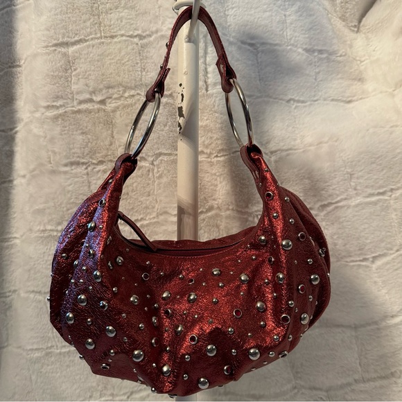 bebe Handbags - **NEW** BEBE Soft Small Barrel Bag with Silver Studs and Red Jewels. Vintage.